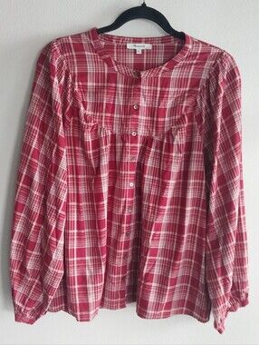 Madewell Red & Cream Plaid Balloon Sleeve Button Front Babydoll Top NWOT